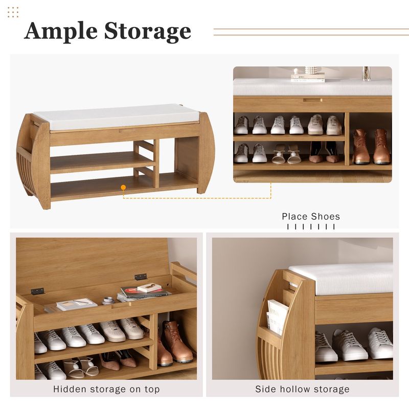 Retro Multifunctional Storage Bench With Cushion And Curved Side Panel For Entrance And Living Room_voghion.com
