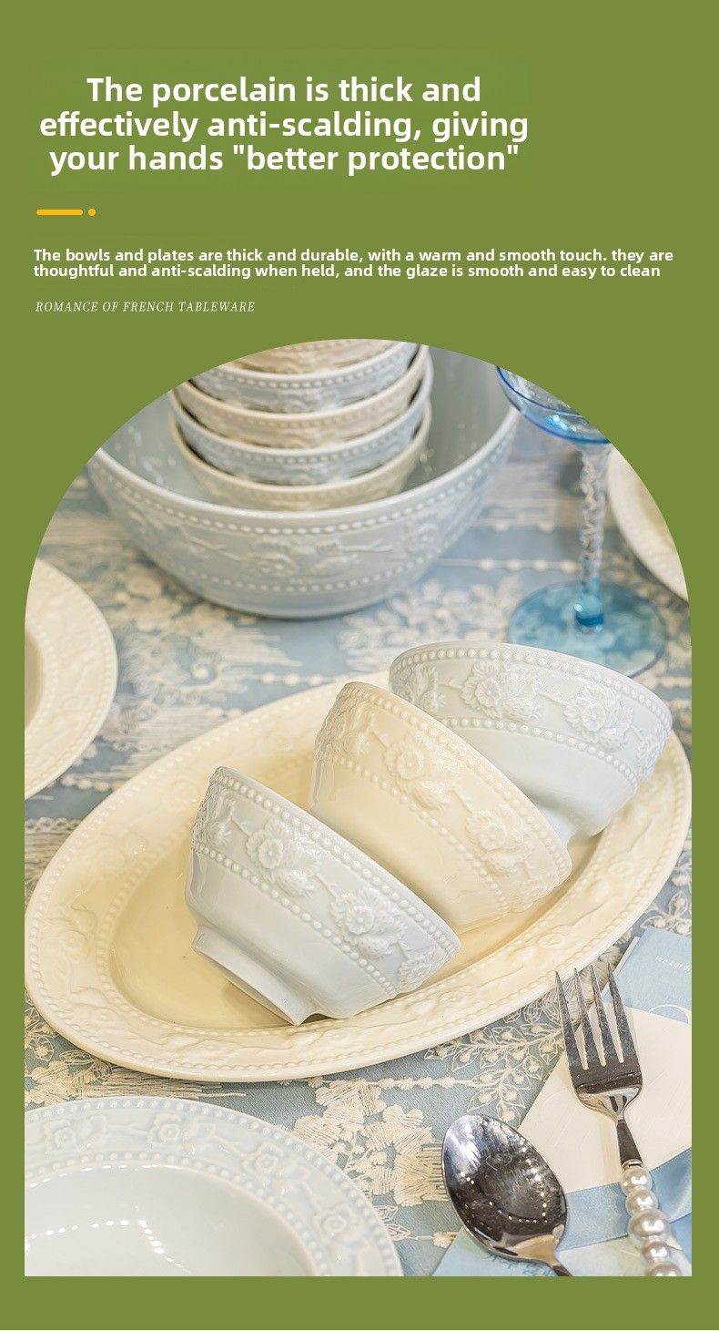 Französisches Geschirrset für den Hausgebrauch, hoher ästhetischer Wert für Mädchen, hübsches Keramikschüsselset, neues geprägtes Geschirr_voghion.com