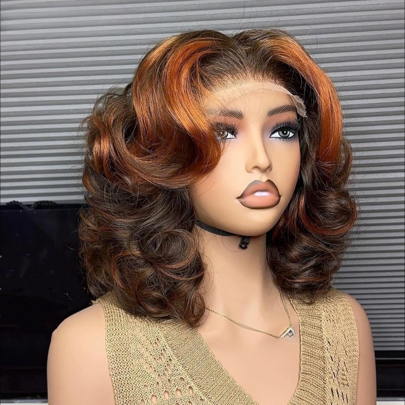 Vorgeschnittene Spitze Ingwer/Braun Highlight Farbe Kurzwellige Echthaarperücke für schwarze Frauen 13x4/5x5 Glueless Wave Perücke vorgezupft_voghion.com