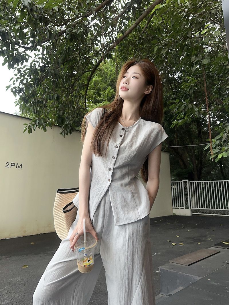 Summer Elegant Simple Tie Waist Slimming Flutter Sleeve Blouse Wide Leg Floor-Length Pants Set 66249_voghion.com