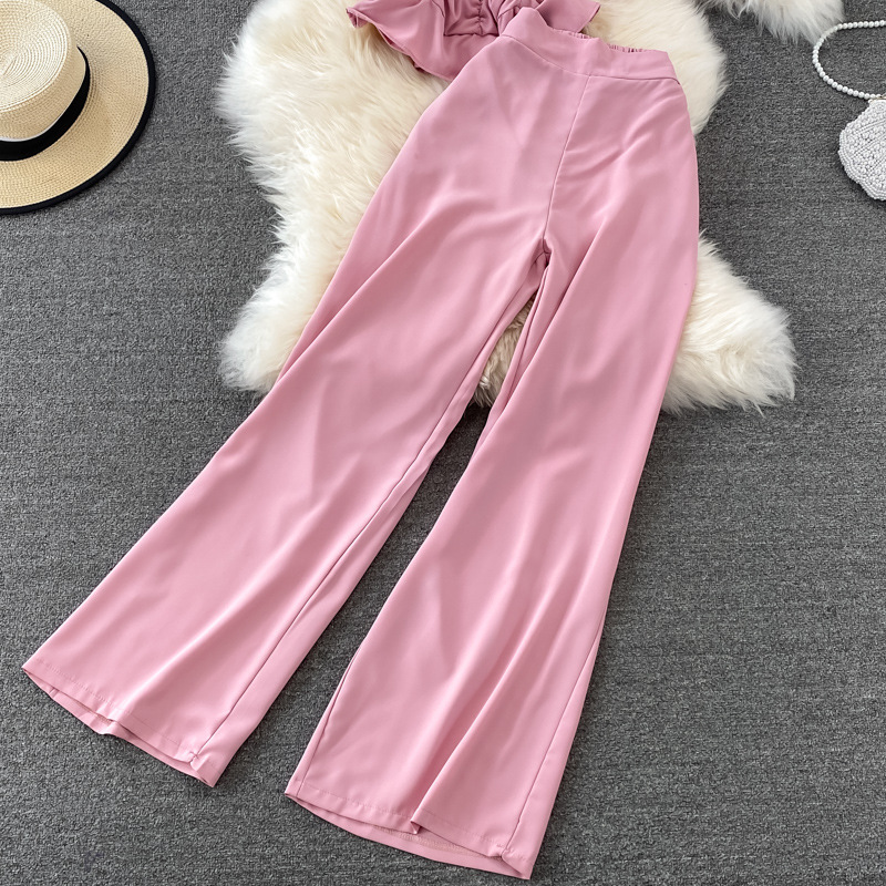 Pantalon décontracté pour femmes, taille haute, drapé, jambes larges, ensemble deux pièces, col carré, chemise courte et slim_voghion.com