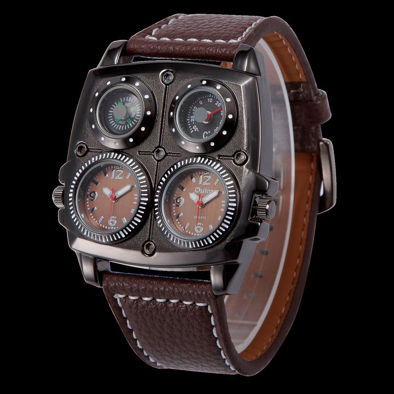 Orologio casual ed elegante da uomo con quadrante grande, doppio fuso orario, bussola e termometro - Movimento al quarzo, vetro minerale, cinturino in pelle. Orologio al quarzo._voghion.com