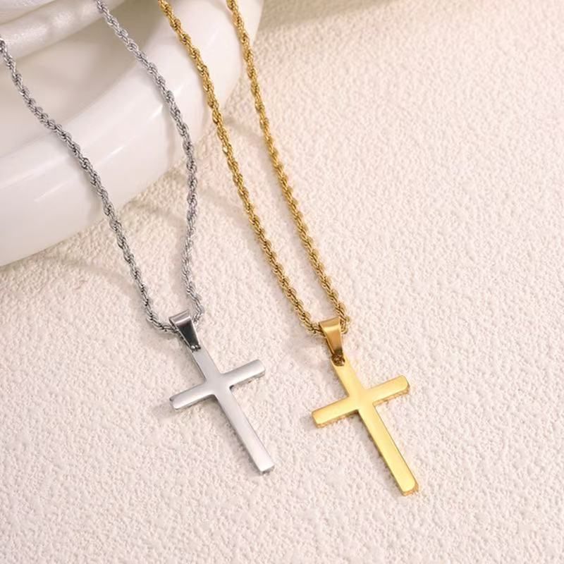 Collana con catena intrecciata con ciondolo a croce placcato oro in acciaio inossidabile, tendenza hip-hop per coppie_voghion.com
