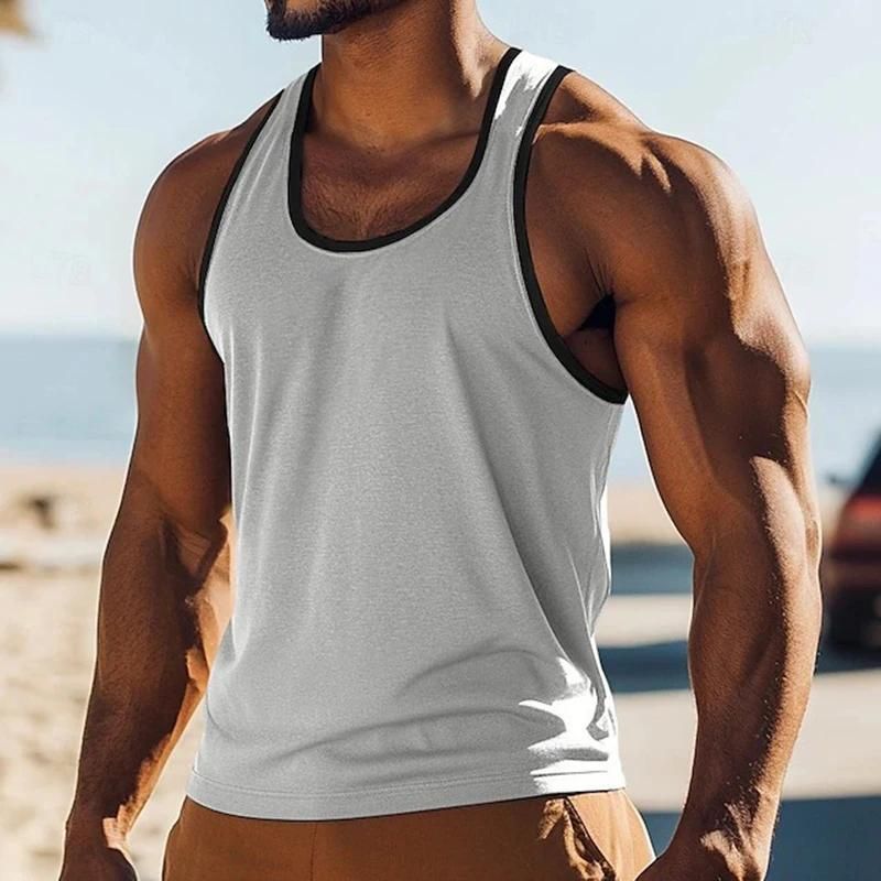 Maglietta estiva da uomo, nuova, retrò, con patchwork a blocchi di colore, senza maniche, casual, ampia, con scollo rotondo_voghion.com