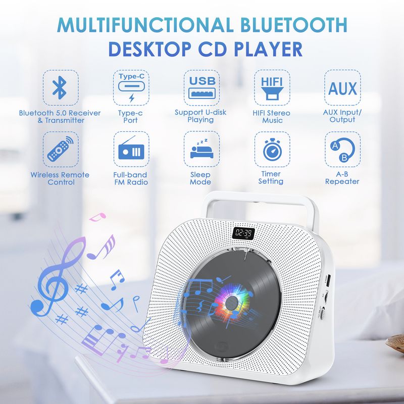 Gueray CD-soitin kotikäyttöön Bluetooth-työpöydän CD-soittimella, jossa kaiuttimet kuulokeliitäntään FM-radio Boombox kaukosäätimellä_voghion.com