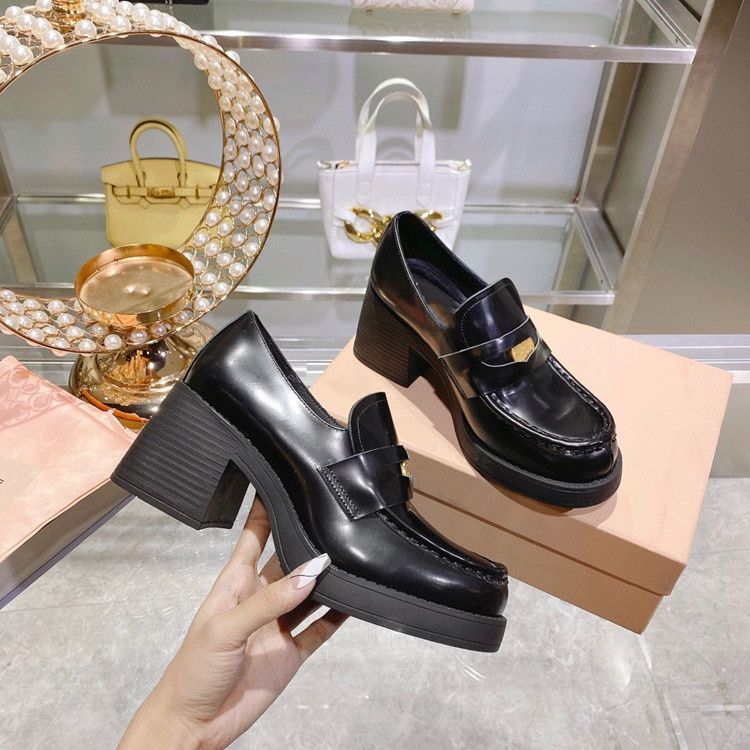 High End Quality Coarse Heeled Loafers For Women, 2022 British Style Gold Coin Single Shoe, Thick Sole, Height_voghion.com
