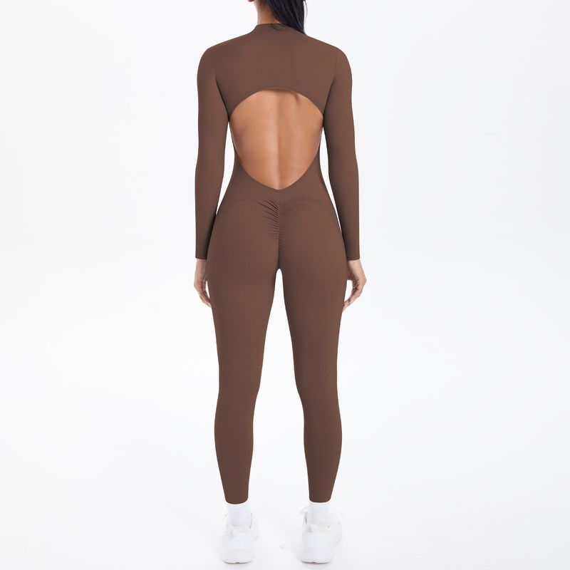 New Cross-Border Double-Sided Brocade Solid Color Beautiful Back Hollow Long Sleeve Sports Running Fitness Yoga Jumpsuit_voghion.com