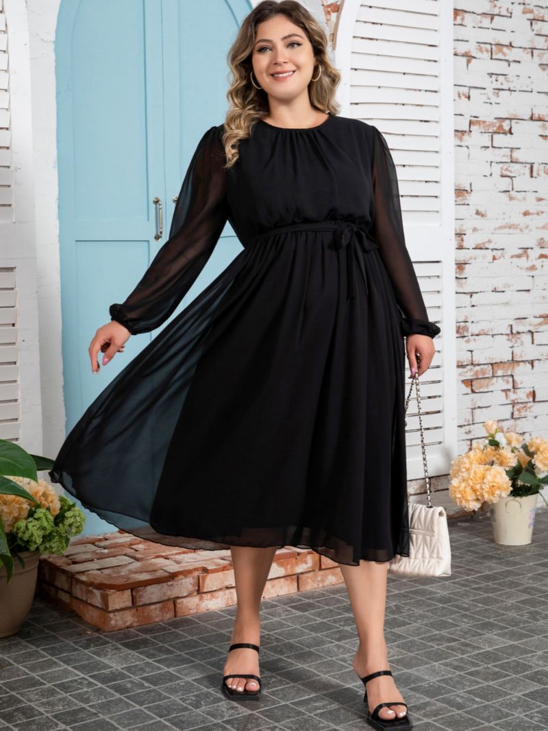 Große frauen Einfarbig Elegante Chiffon Taille Gewickelt Fett MM Kleid Frauen_voghion.com