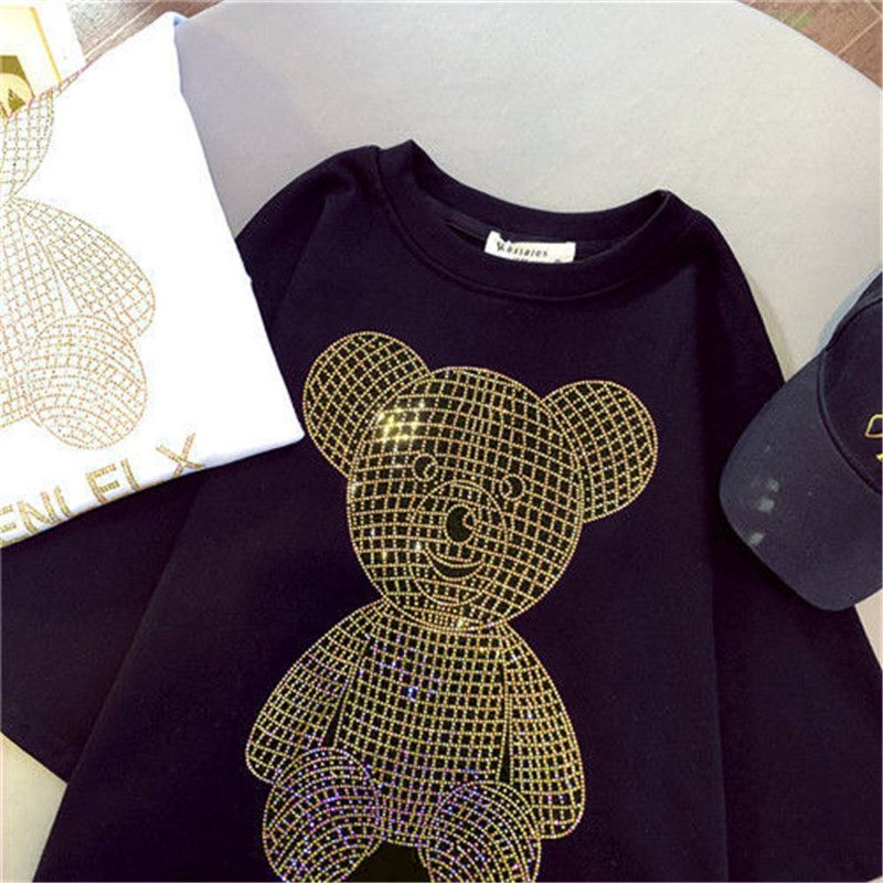 Women's Clothing 2024 combed cotton short-sleeved T-shirts for women super popular bear hot diamond couple loose large size tops_voghion.com
