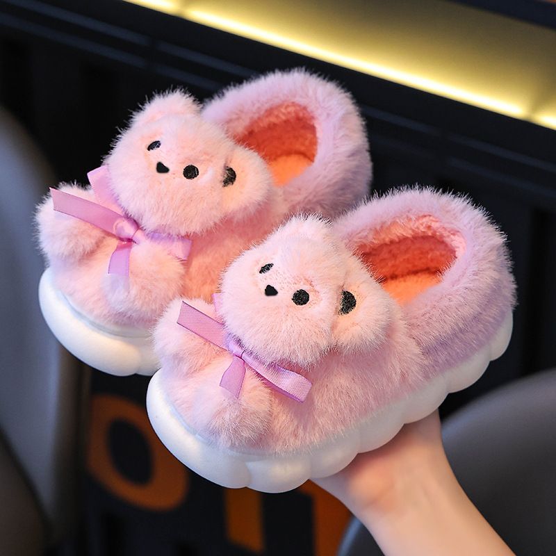 Pantofole invernali in cotone per bambini da donna, con velluto spesso e suola calda e morbida, pelliccia antiscivolo con orsetto dei cartoni animati_voghion.com