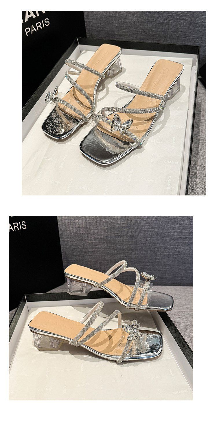 Women's Chunky Heel Sandals - Summer 2025 Crystal Rhinestone Butterfly Slides With Block Heel Elegant Dressy Open-Toe Shoes_voghion.com