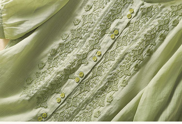 Camicetta vintage da donna in lino e cotone con maniche a sette quarti, con fiori ricamati_voghion.com