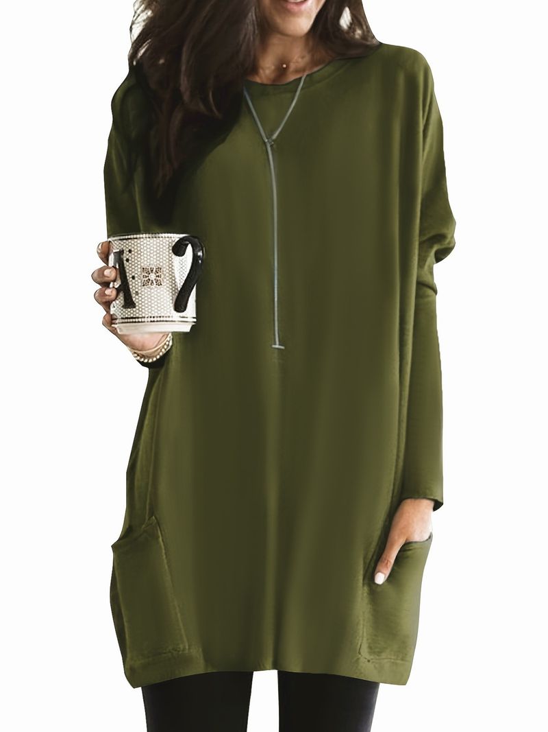 Spring And Autumn Bat Sleeves T-shirt Women's Bottom 2025 New Casual Round Neck Pocket Long Sleeved Top_voghion.com
