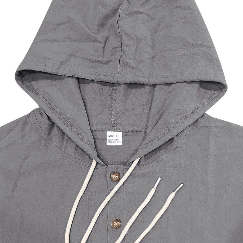 Spring And Autumn American Loose Men's Loose Linen Casual Simple Beach Hooded Long Sleeve Shirt Men_voghion.com