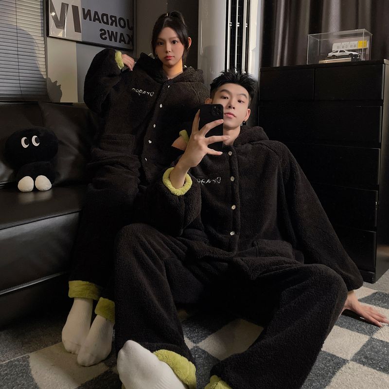 Toothless Couple Little Monster Long Winter Pajamas Cute Cartoon Plus Plush Thick Home Clothes Women's Set_voghion.com