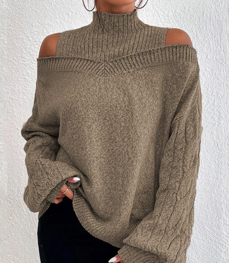 Damenbekleidung schulterfreier Pullover Damenpullover Herbst und Winter neuer lockerer halbhoher Kragen Laternenärmel Strickpullover_voghion.com