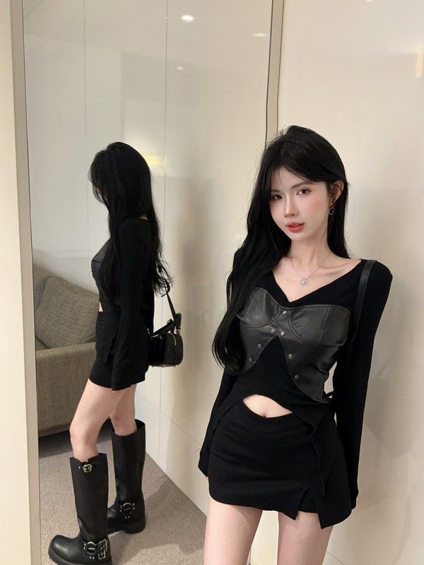 Herbst Neue Dopamin Hot Girl Nischendesign PU-Leder Patchwork Langarm Top Stil Persönlichkeit Shirt Für Frauen_voghion.com