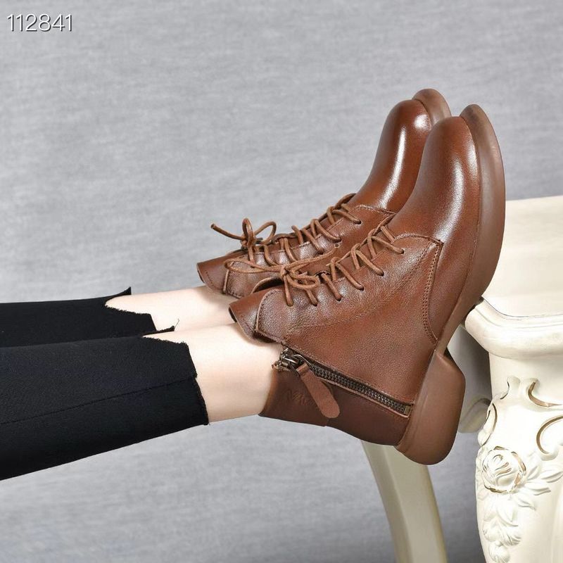 2025 Autumn Winter New Style Short With Turn-down Collar, Double Zipper Martin Top Layer Cowhide Flat Boots, Women's_voghion.com