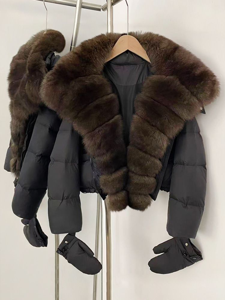 Women’s Short Puffer Jacket With Detachable Fox Fur Collar – Korean Style, Pastel Colors, Slim Fit Winter Coat_voghion.com