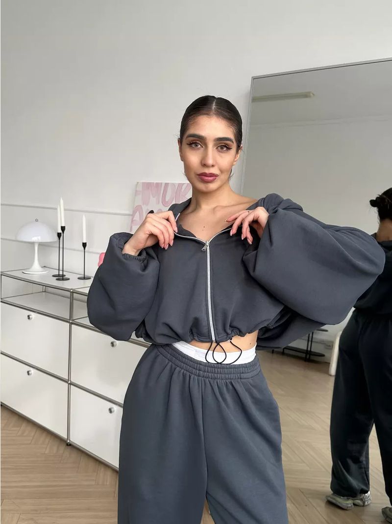 Women's Casual Suit Solid Color Long Sleeved Zipper Cardigan Drawstring Hooded Sweatshirt Sports Elastic Pants Two-piece_voghion.com