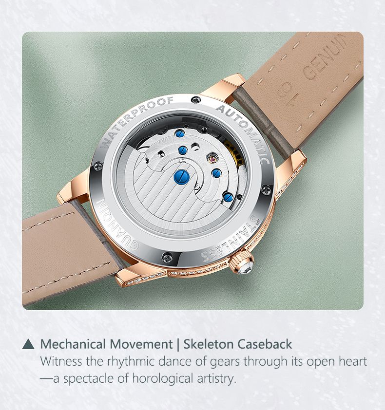 GUANQIN Watches For Women Luxury Mechanical Watch Skeleton Crystal Bezel Leather Strap Leisure 30M Waterproof Lady Wristwatches_voghion.com
