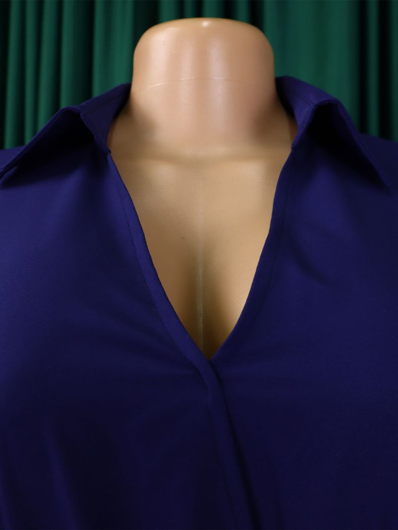 Abbigliamento da donna Nuovo alla moda con risvolto, manica lunga, vita alta, temperamento, plissettato, colore solido, abito_voghion.com