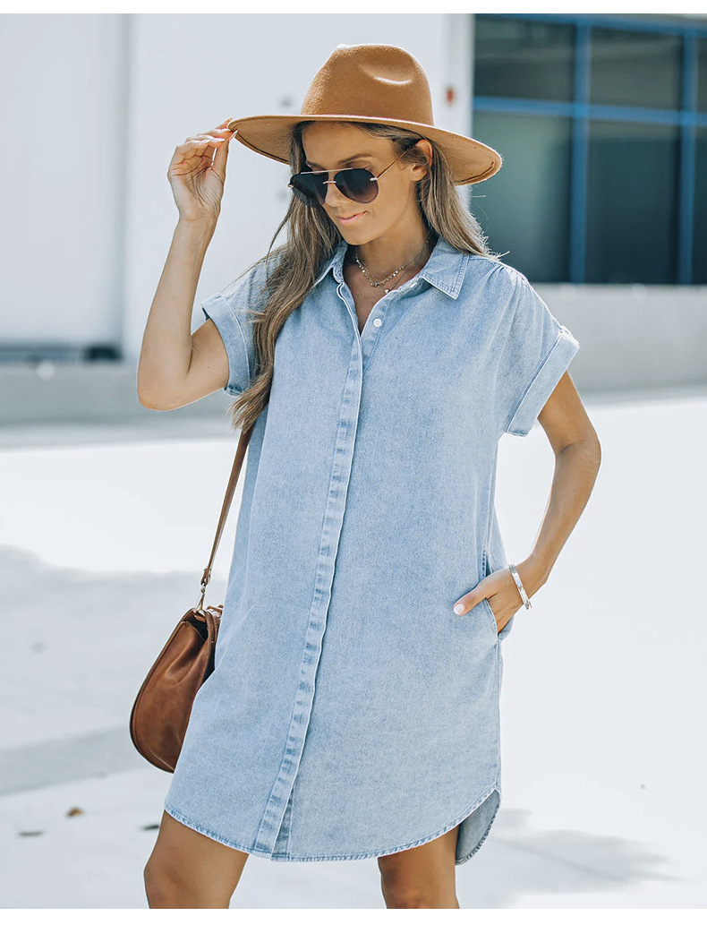 loose short-sleeved light-colored women's outer denim dress_voghion.com