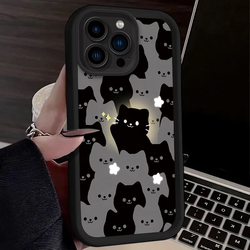 Cute Cartoon Glowing Cat Case For iPhone 14 15 16 13 12 11 Pro Max X XS X S Max XR SE 2020 7 8 Plus iphone16 Soft Silicone Funda_voghion.com