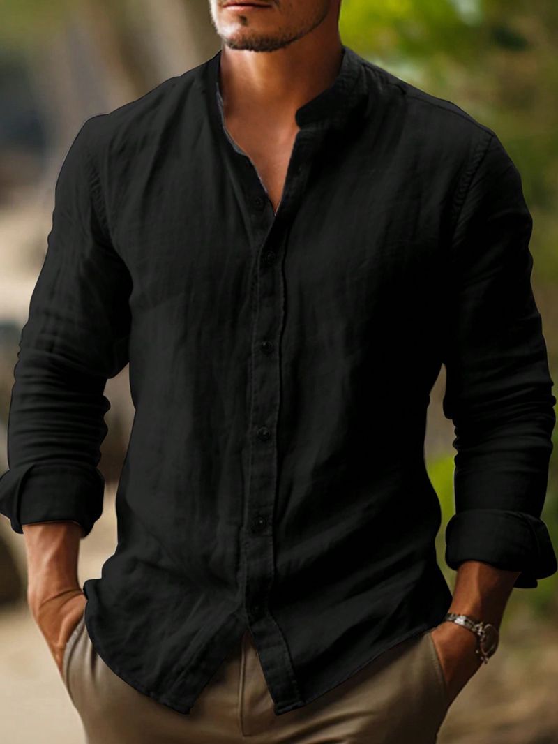 Camicia casual da uomo a maniche lunghe, leggera, matura, tinta unita, con colletto alto e bottoni._voghion.com