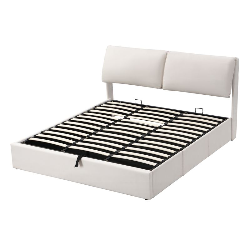 Cadre de lit coffre hydraulique rembourré en velours avec 3 tiroirs, sommier à lattes, beige, 180 x 200 cm, matelas non inclus_voghion.com