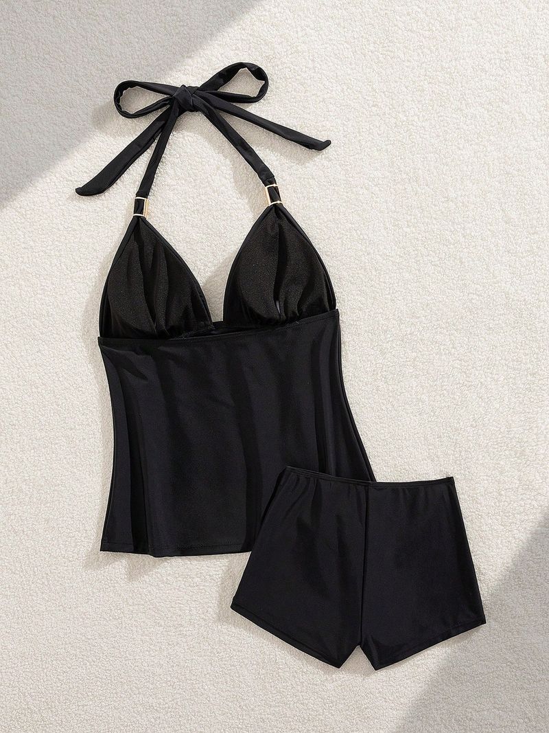 Kadın Giyim Moda Düz Renk İnce Mayo Halter Boyun Askısı Tasarım Seksi Bölünmüş Kadın Mayo_voghion.com