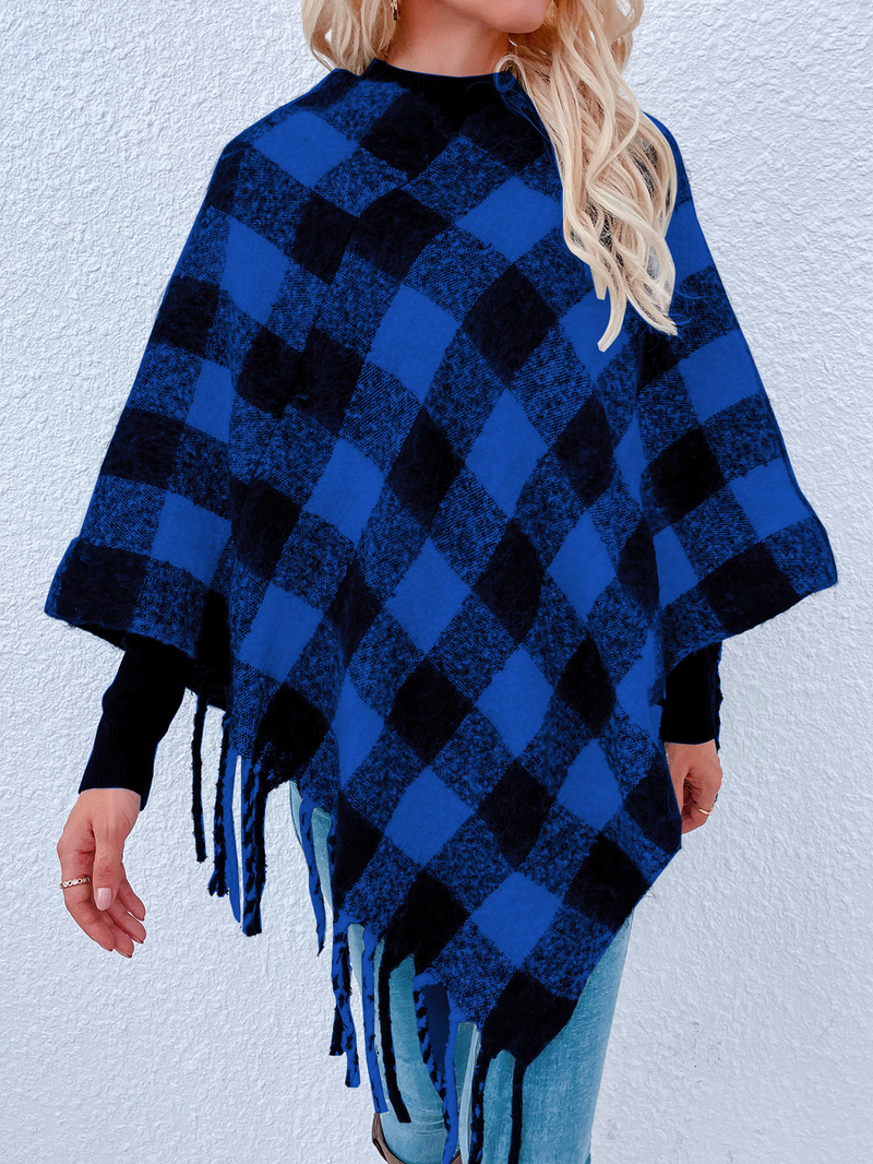 Maglieria da donna maglione a secchiello in pongee con scialle con frange a quadri mille uccelli_voghion.com