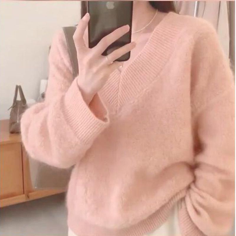 Weißer Nerzpelzmantel für Damen, sanfter Pullover mit V-Ausschnitt, hochwertiger Strickpullover für lockere Oberbekleidung im Herbst und Winter_voghion.com