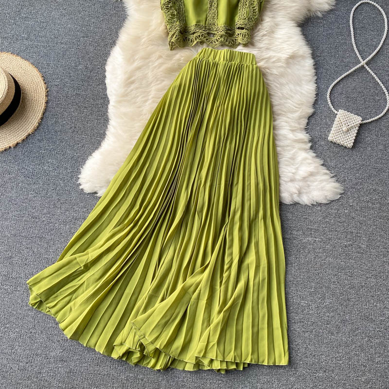 Haut en dentelle pour femmes, taille 1, jupe plissée en mousseline de soie, costume deux pièces_voghion.com