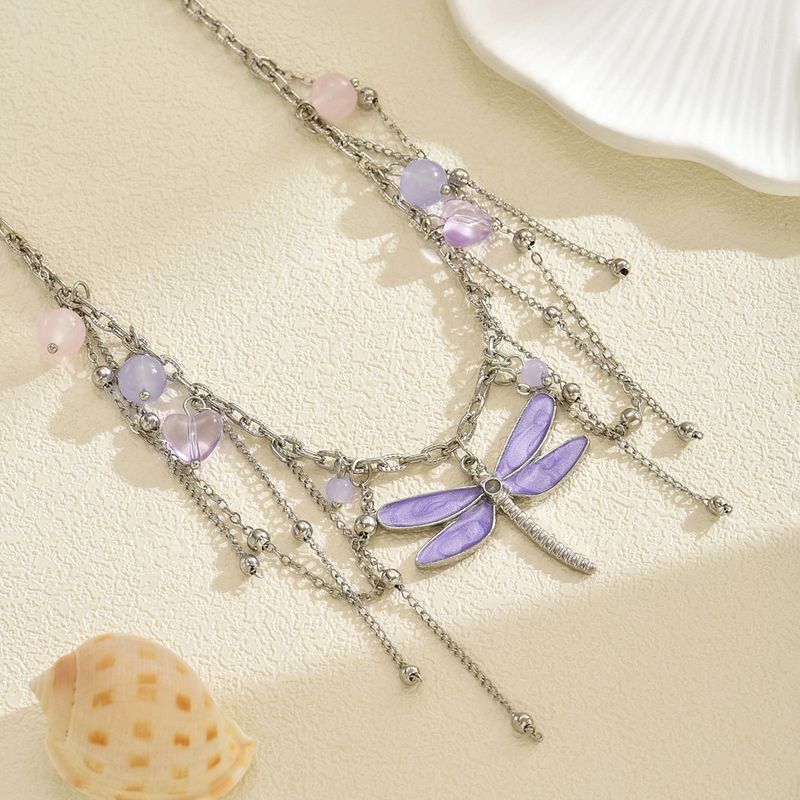 Collana con libellula viola alla moda 2025 | Pendente con nappa multistrato | Design artigianale unico | Moda di nicchia | Lega ipoallergenica | Clavicola versatile_voghion.com