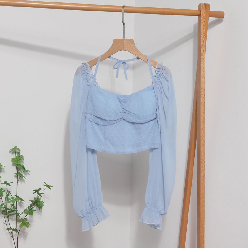 Blusa corta con cuello cuadrado y hombros descubiertos, primavera 2023, nueva blusa de manga larga con cuello halter y lazo para mujer 8876_voghion.com