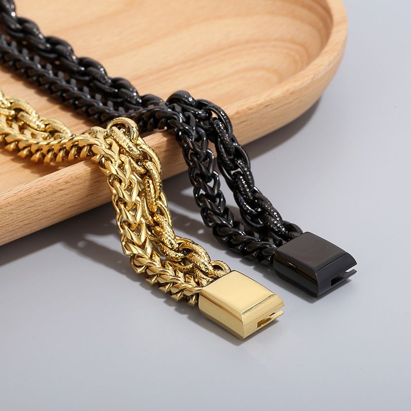 Pulsera de acero inoxidable con doble cadena para hombre, estilo rockero, con eslabones cubanos, moderna, con varias capas._voghion.com