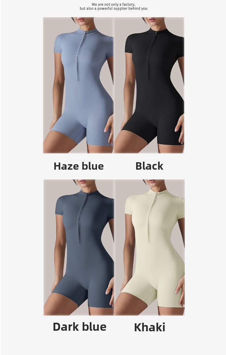 Cross-Border European And American Solid Color High Elastic Half Zipper Short Dance Fitness Tight Sports Jumpsuit_voghion.com