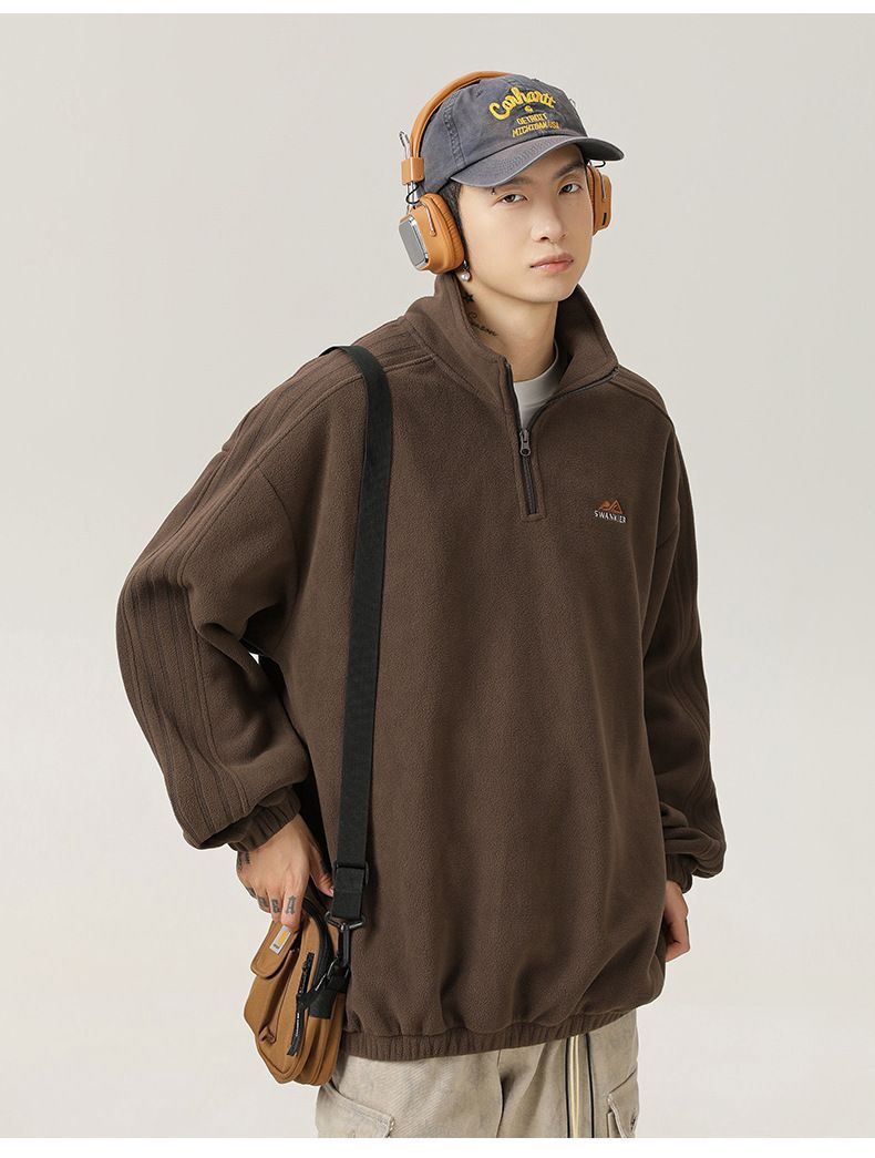 Men's Half-Zip Stand Collar Heavyweight Fleece Sweatshirt With Letter Embroidery, Thickened Casual Pullover For Spring_voghion.com