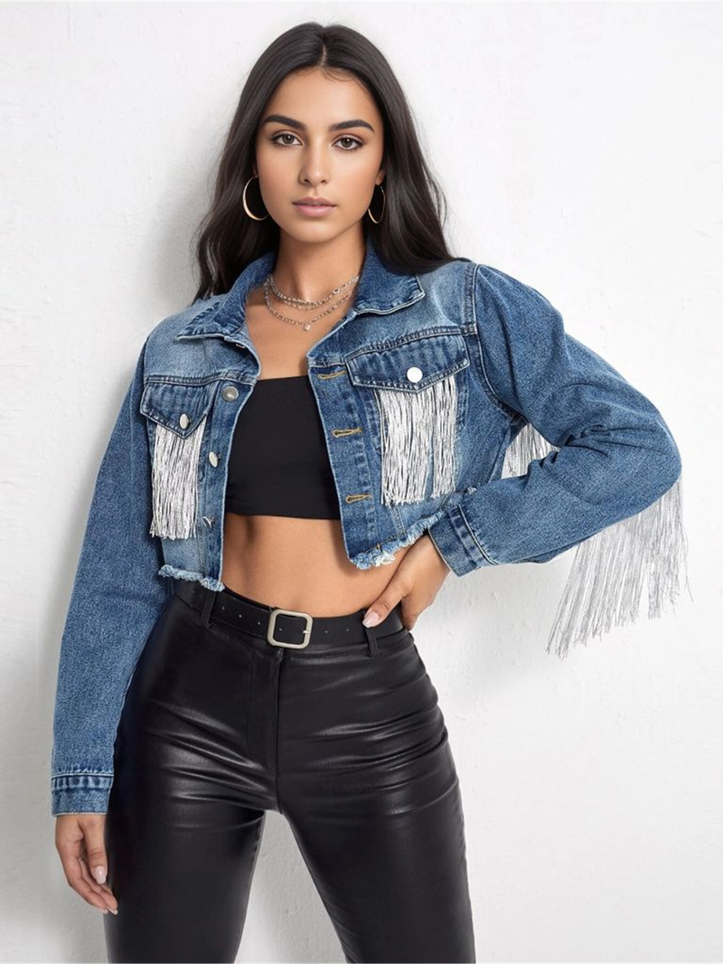 Jachetă denim pentru femei, la modă, cu cusături de ciucuri, jachetă denim distressed pentru femei_voghion.com
