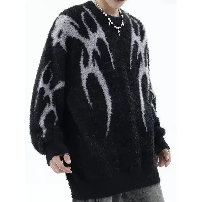 Autumn And Winter High Street Retro Jacquard Design Round Neck Sweater Men's Loose Pullover Knitted Sweater_voghion.com