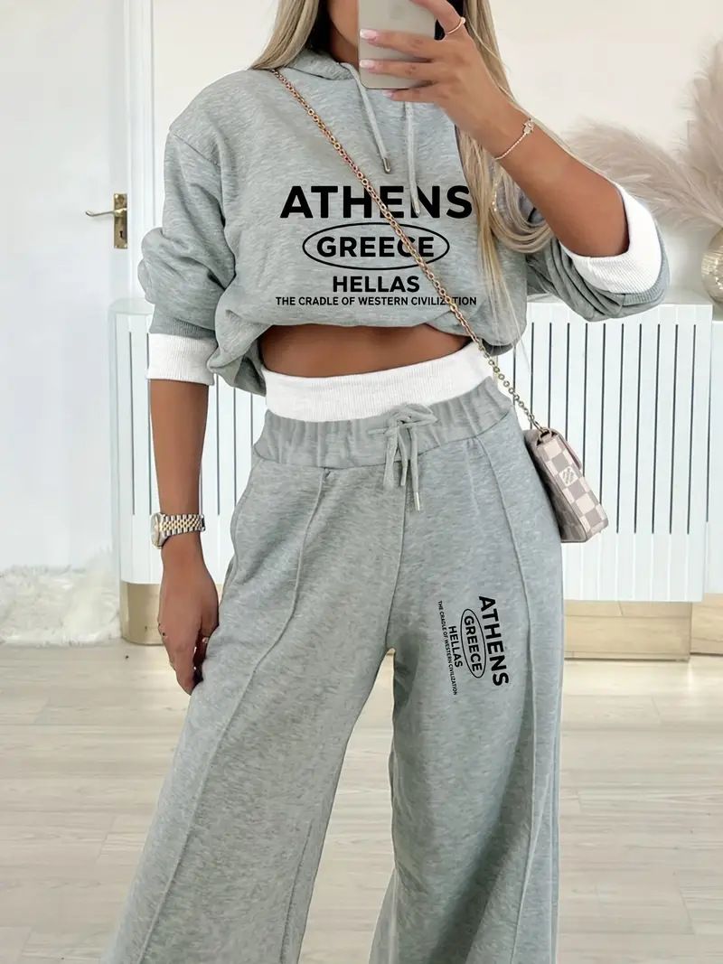 Abbigliamento da donna, completo sportivo casual, autunno e inverno, completo casual da salotto invernale con felpa lunga foderata in pile e pantaloni a gamba larga, completo in due pezzi con stampa_voghion.com