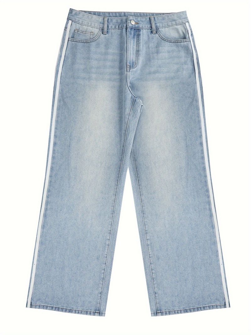 Calça jeans masculina com listras laterais estilo American Retro - Calça reta com lavagem High Street (preta, azul) - Essenciais para streetwear com caimento solto_voghion.com