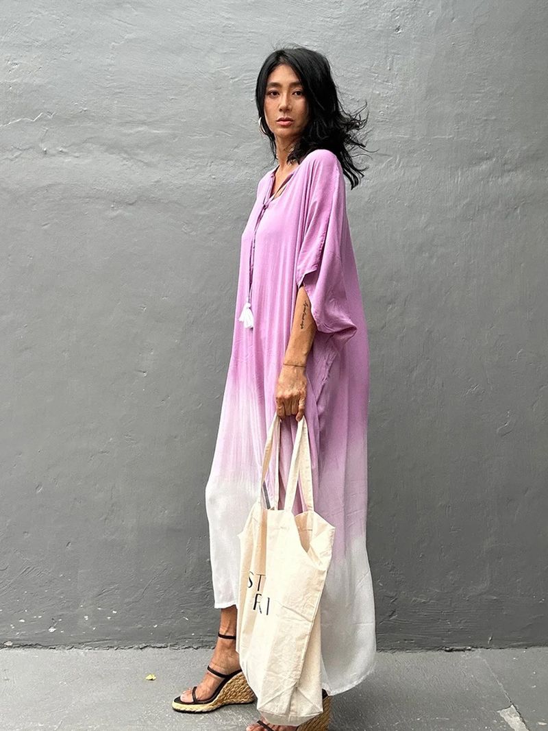 Jupe de plage en coton dégradé de couleurs pour femmes, cache-maillot à fente haute, pour les vacances_voghion.com