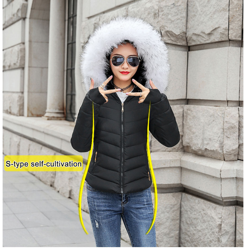 Vinterjacka Dam Parkas för kappa Mode Kvinnlig dunjacka med huva Stor fuskpälskrage Kappa 2019 Höst_voghion.com