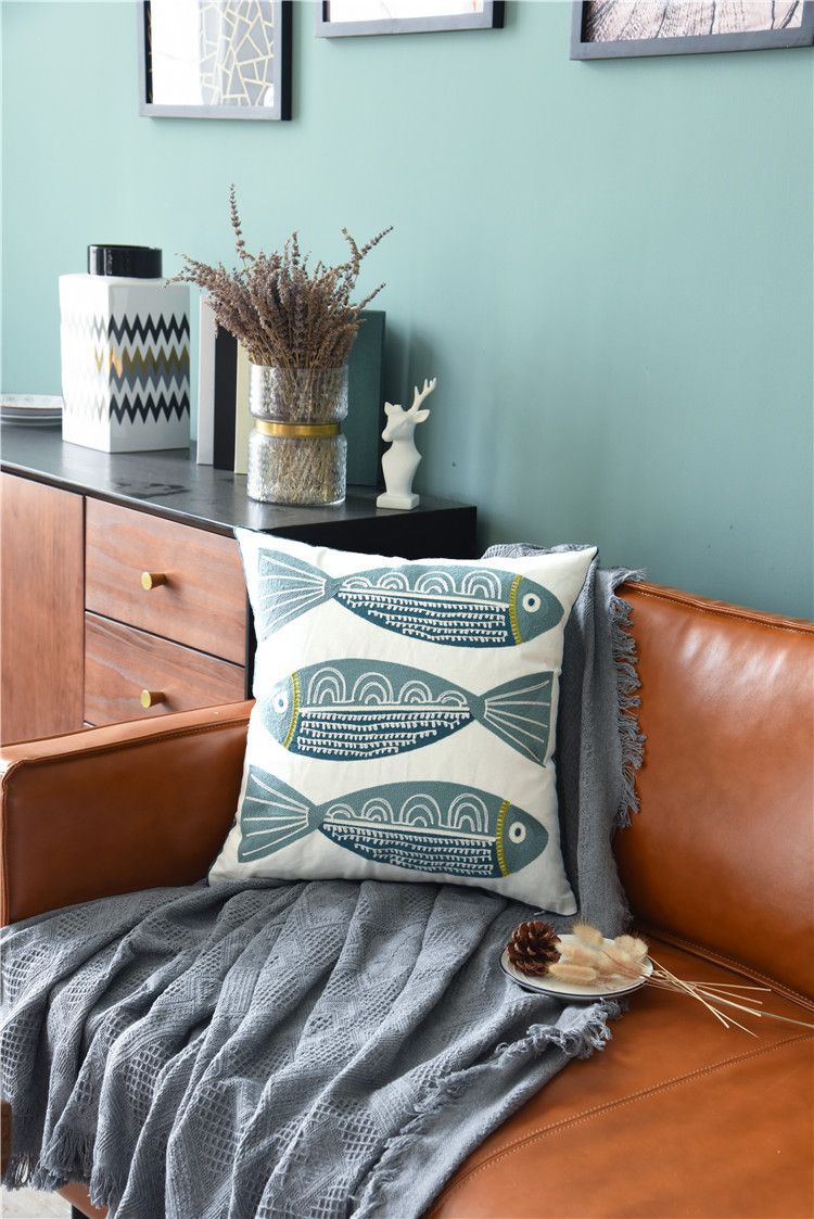 New Nordic Pure Cotton Three-dimensional Marine Life Towel Embroidered Sofa Cushion Color Geometric Embroidered Pillow Case_voghion.com