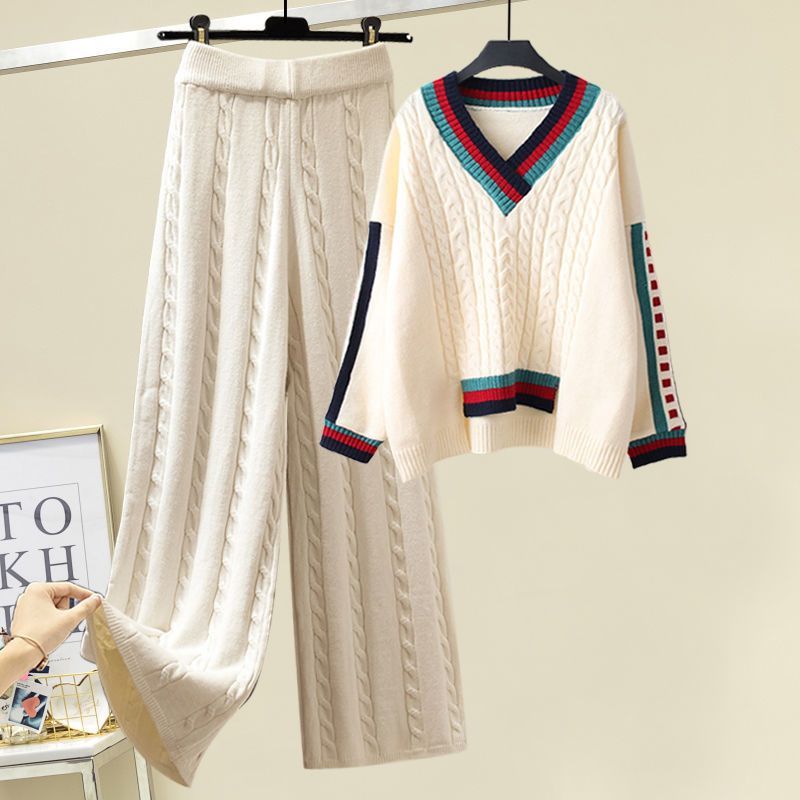 Îmbrăcăminte pentru femei Costume de toamnă și iarnă pentru femei de mărime mare, îmbrăcăminte exterioară de stil nou, vestă îngroșată, pulover tricotat, pantaloni largi, costum trei piese_voghion.com