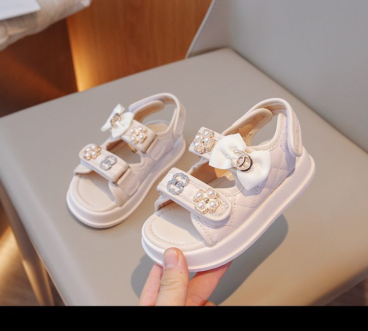 Çocuk 2023 Yaz Yeni Stil İnci Yay Moda Prenses Kız Sandalet_voghion.com