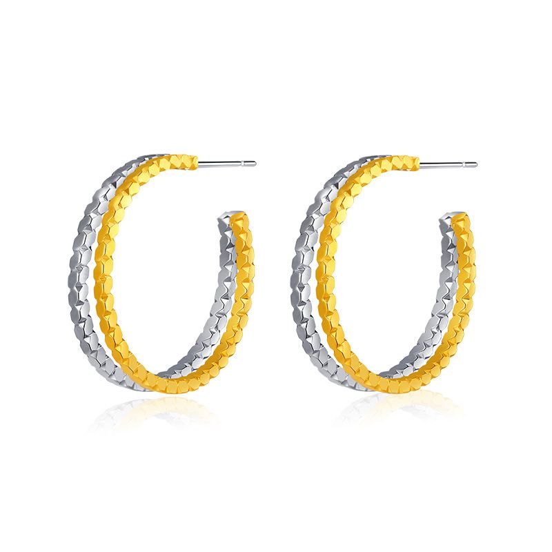 Gold and silver contrasting design personality earrings K real gold plated niche metal texture cross twist earrings_voghion.com