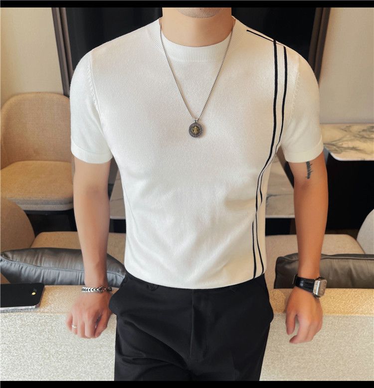 Summer New Products Men's Thick Short Sleeve T-Shirt Threaded Neckline Short Sleeve Knitted Sweater Slim Fit Elastic Bottom Sweater Undershirt_voghion.com